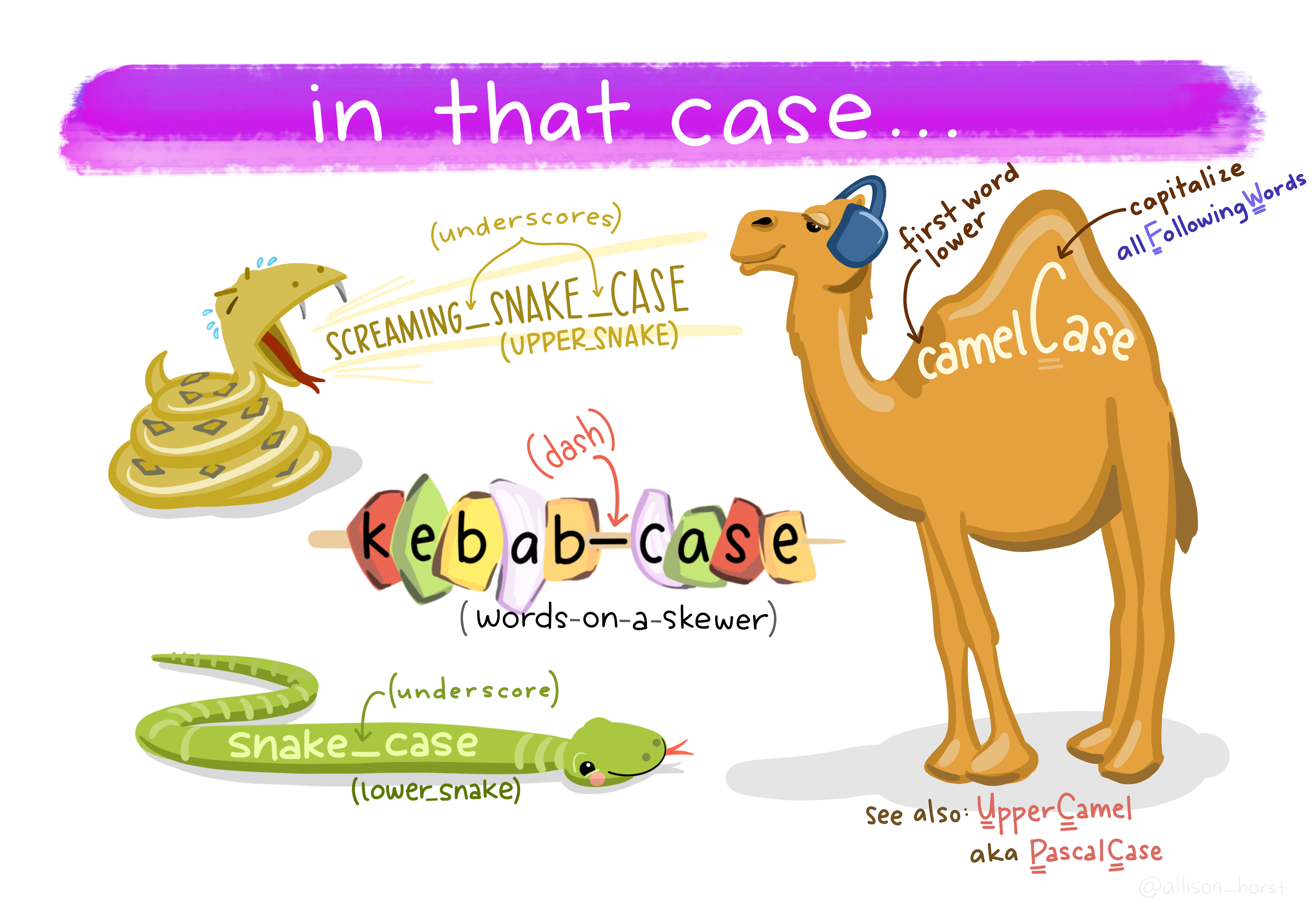 Cartoon representations of common cases in coding. A snake screams 'SCREAMING_SNAKE_CASE' into the face of a camel (wearing ear muffs) with 'camelCase' written along its back. Vegetables on a skewer spell out 'kebab-case' (words on a skewer). A mellow, happy looking snake has text 'snake_case' along it.