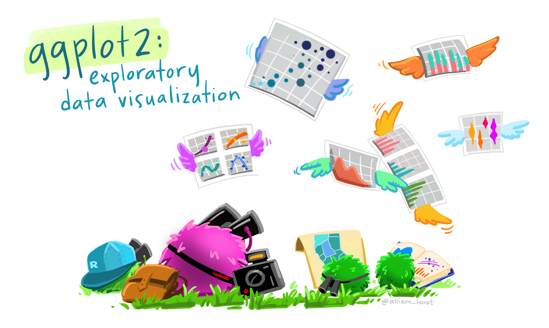 A group of fuzzy round monsters with binoculars, backpacks and guide books looking up a graphs flying around with wings (like birders, but with exploratory data visualizations). Stylized text reads 'ggplot2: visual data exploration.' Learn more about ggplot2.