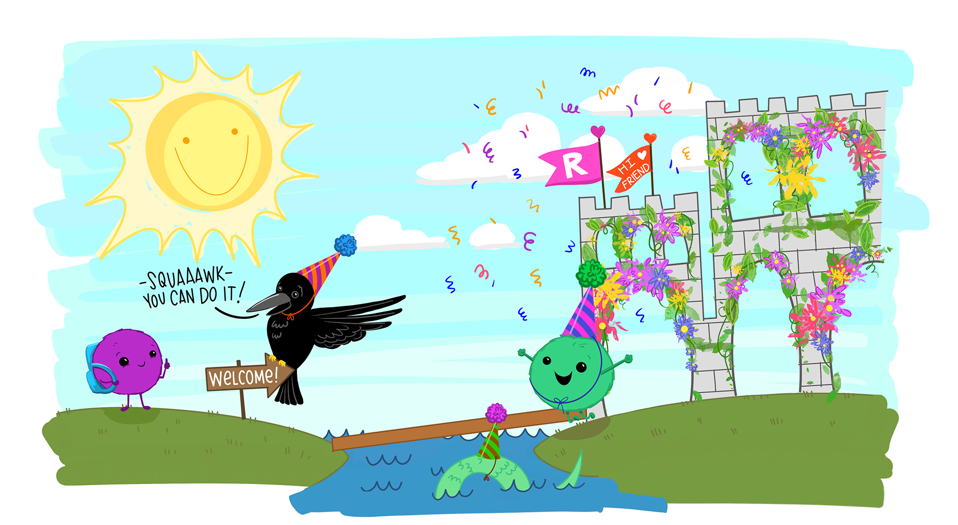 A little purple fuzzy monster wearing a backpack stands just before a drawbridge, leading to a castle covered in flowers and confetti, with flags that say 'R' and 'Hi Friend!' flapping in the wind. A crow wearing a party hat is perched on a welome sign the start of the bridge and says 'SQUAAWK YOU CAN DO IT!'. A green fuzzy monster with a party hat stands on the opposite end of the bridge, in front of the castle, with it's arms outstretched.