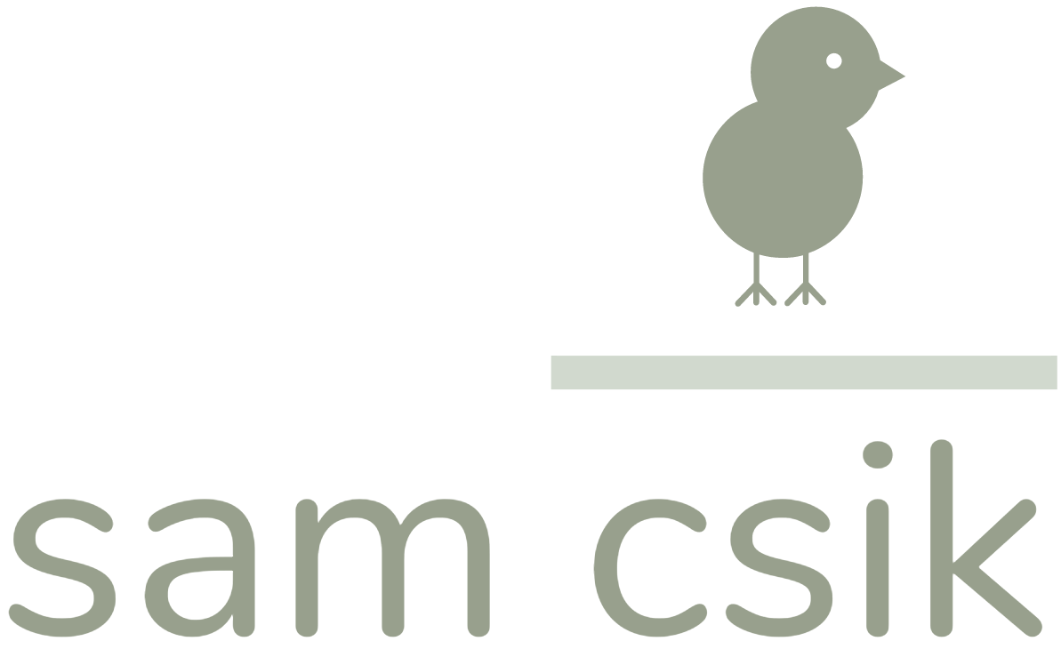 The name 'sam csik' written in green text. Above 'csik' is a dark green horizontal line, above which sits a green chick icon.