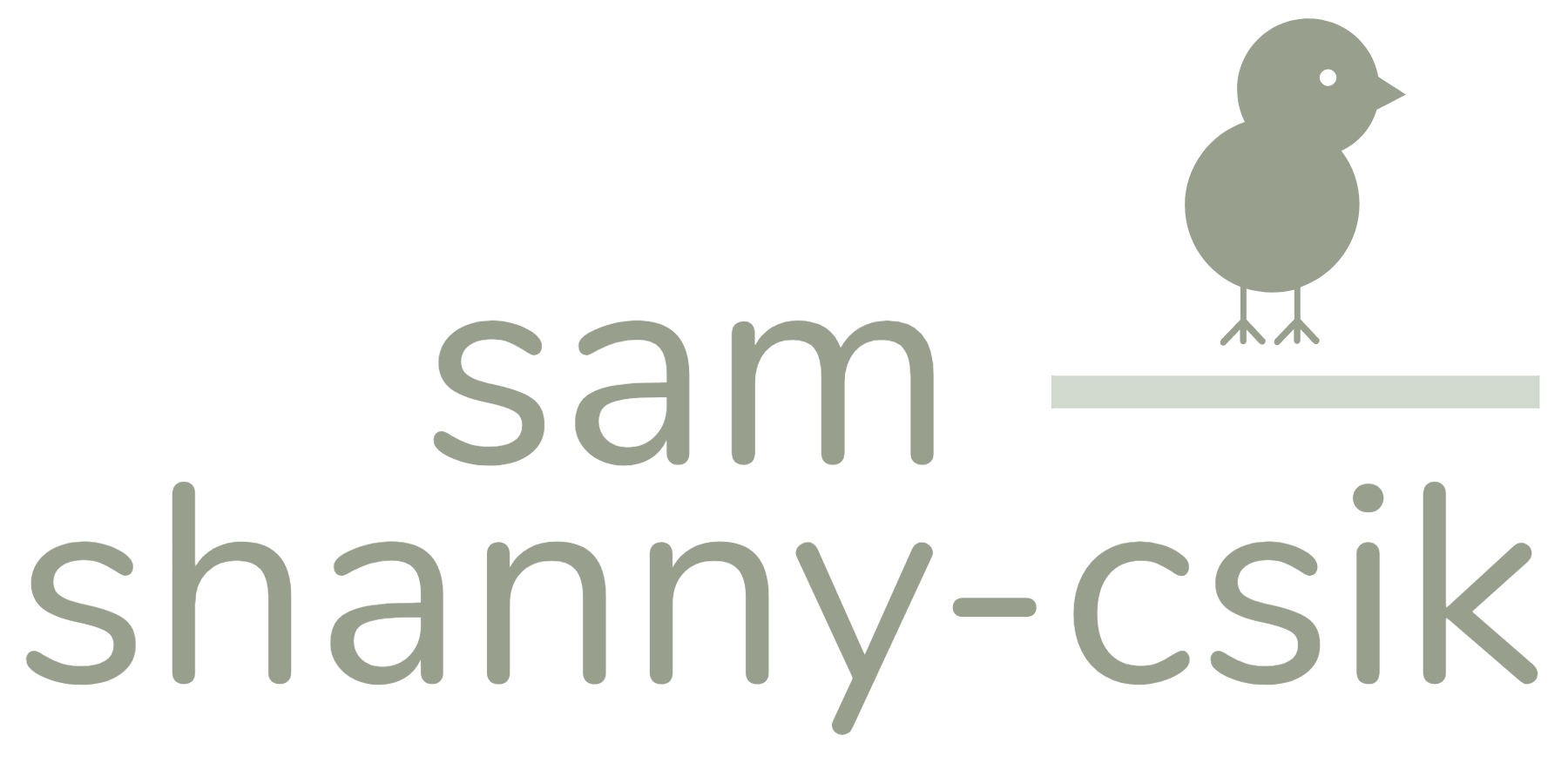 The name 'sam shanny-csik' written in green text. Above 'csik' is a green horizontal line, above which sits a green chick icon.