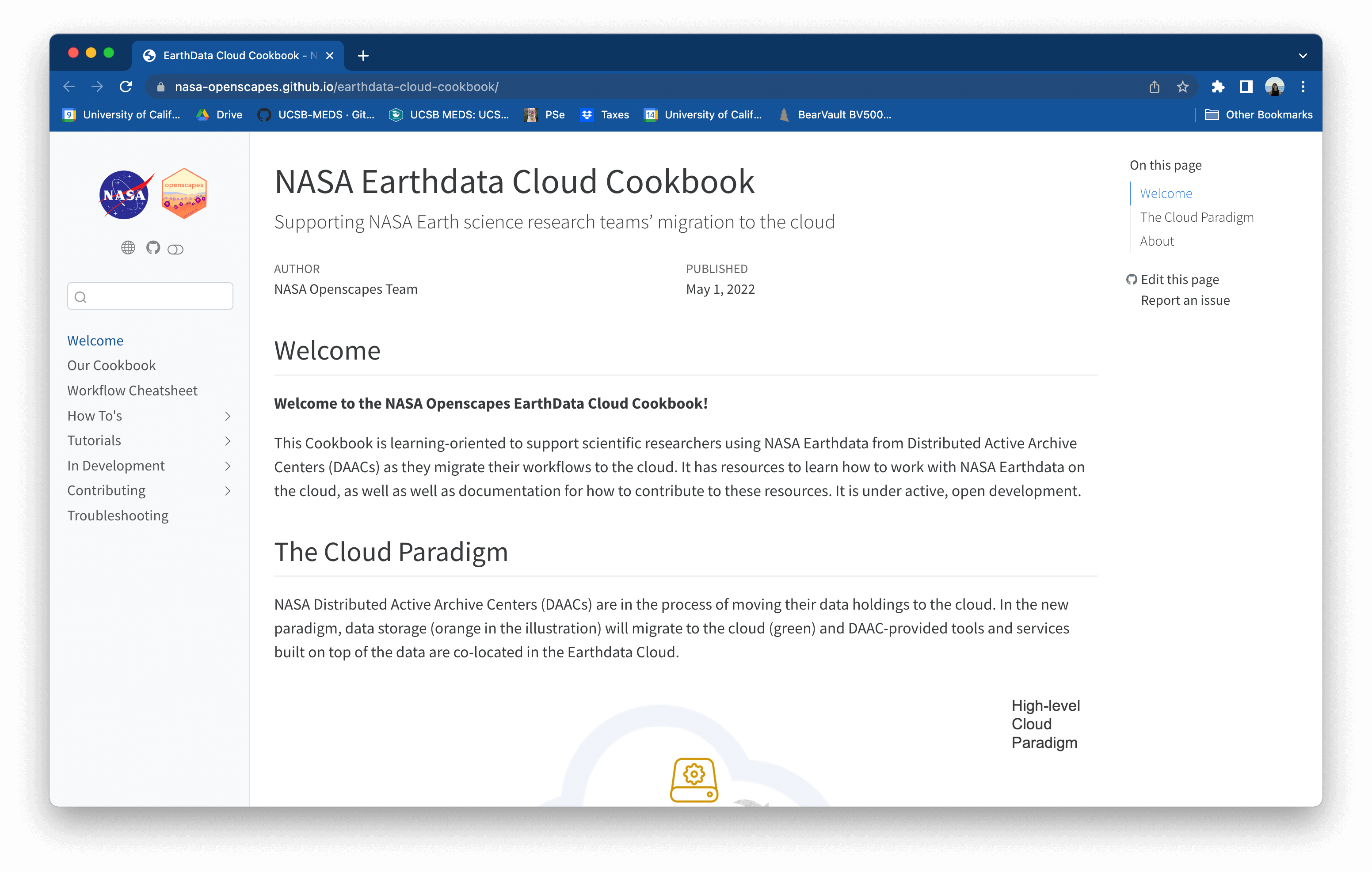A screenshot of the NASA Earthdata Cloud Cookbook website, built using Quarto. To the left is a light gray vertical menu bar with sections including "How To's", "Tutorials", "In Development", and more. The body text is just to the right and begins with a "Welcome" section. The NASA and Openscapes logos are above the menu bar on the left.