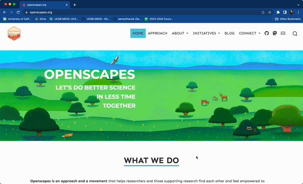 The Openscapes website's landing page, viewed in a browser window that stretches across the full width of a laptop screen. The user scrolls up and down to show text and elements arranged in side-by-side columns. The user then makes the browser window narrower, which causes the columns to rearrange and stack vertically, so that elements fit neatly within the available viewport space.