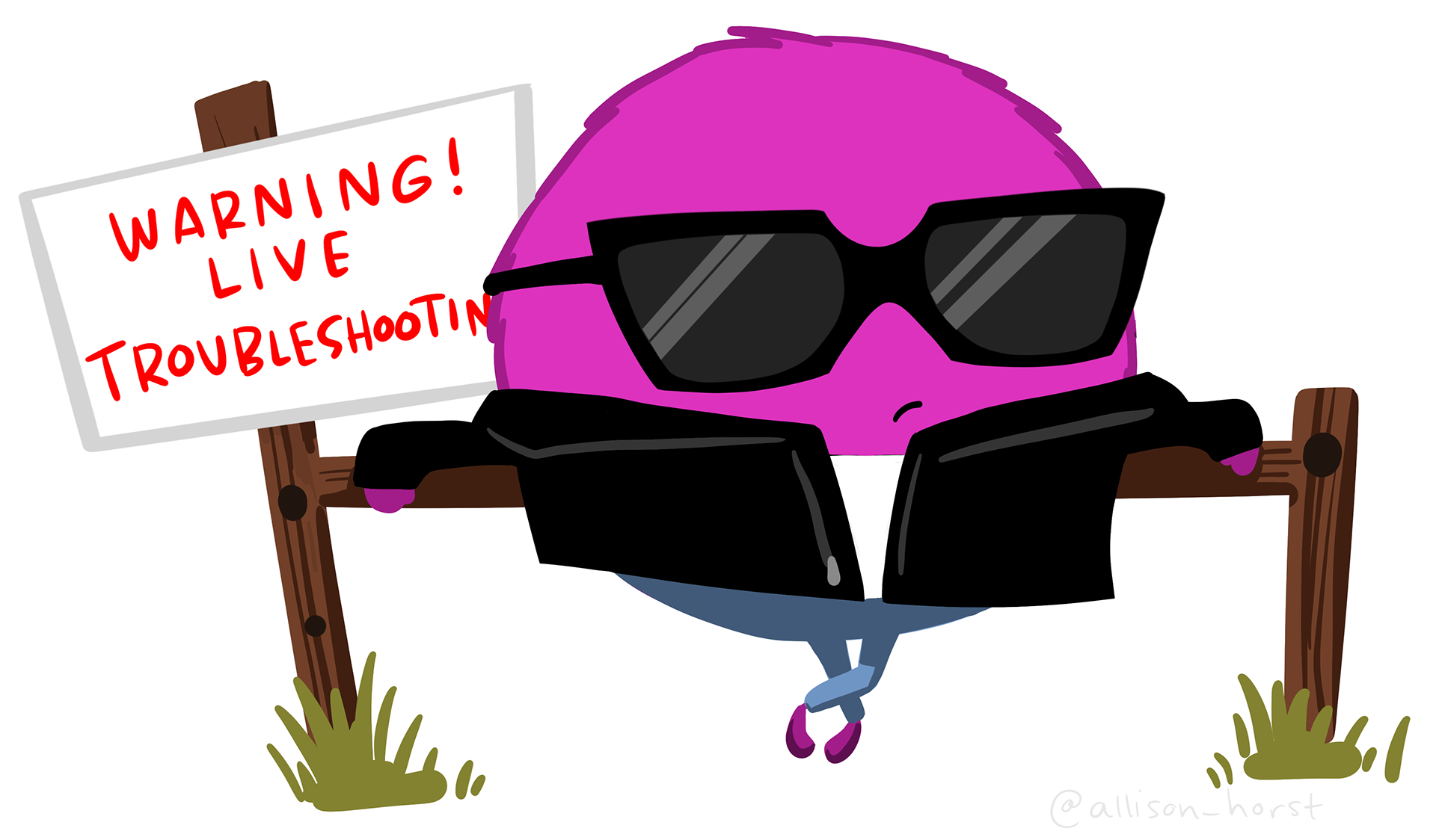 A little monster in a cool black jacket and sunglasses, leaning casually against a fence with a sign reading "Warning! Live troubleshooting!"