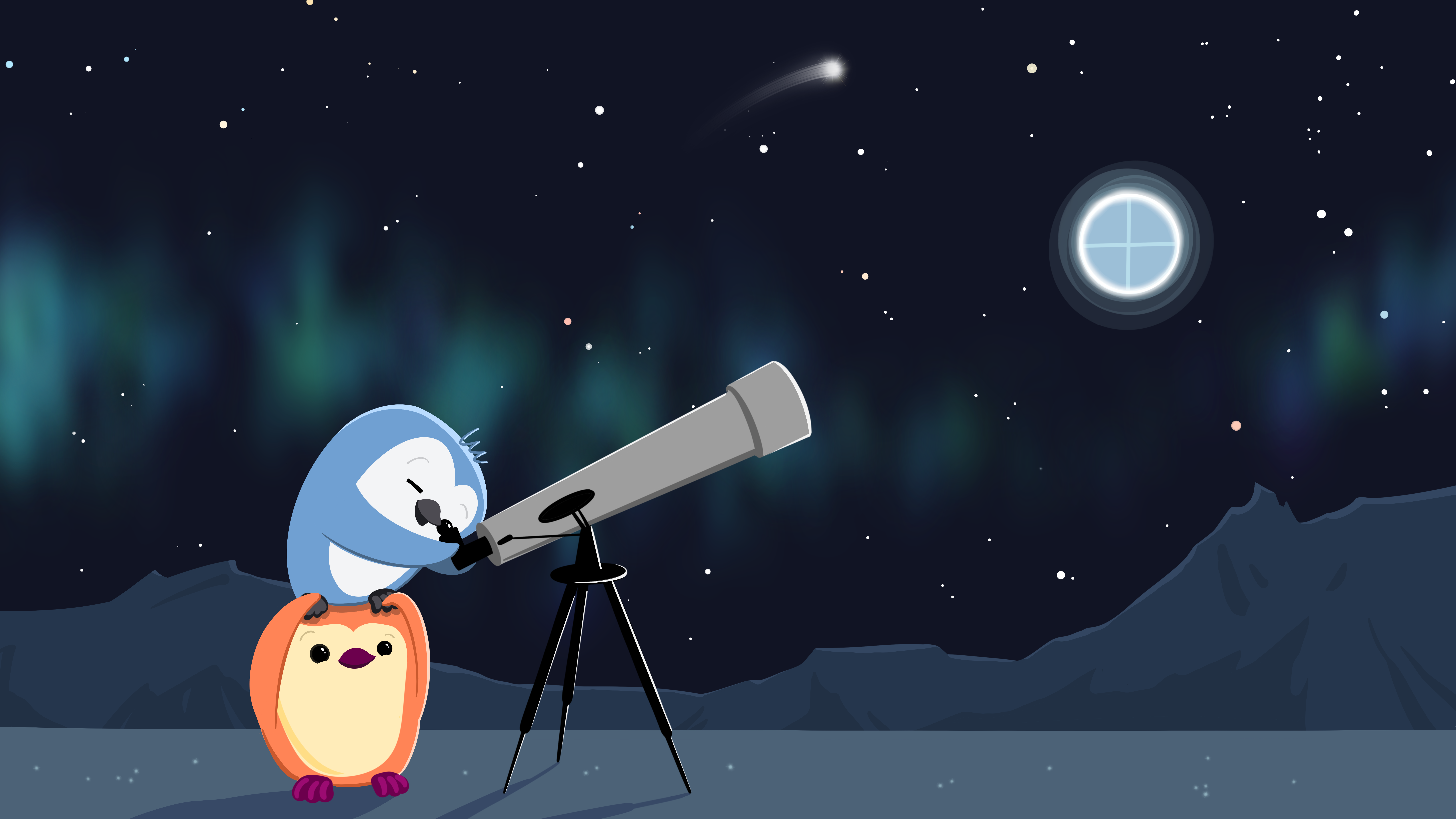 One penguin standing on another penguin's shoulders in a snowscape, looking through a telescope at a Quarto logo 'moon' in the night sky.