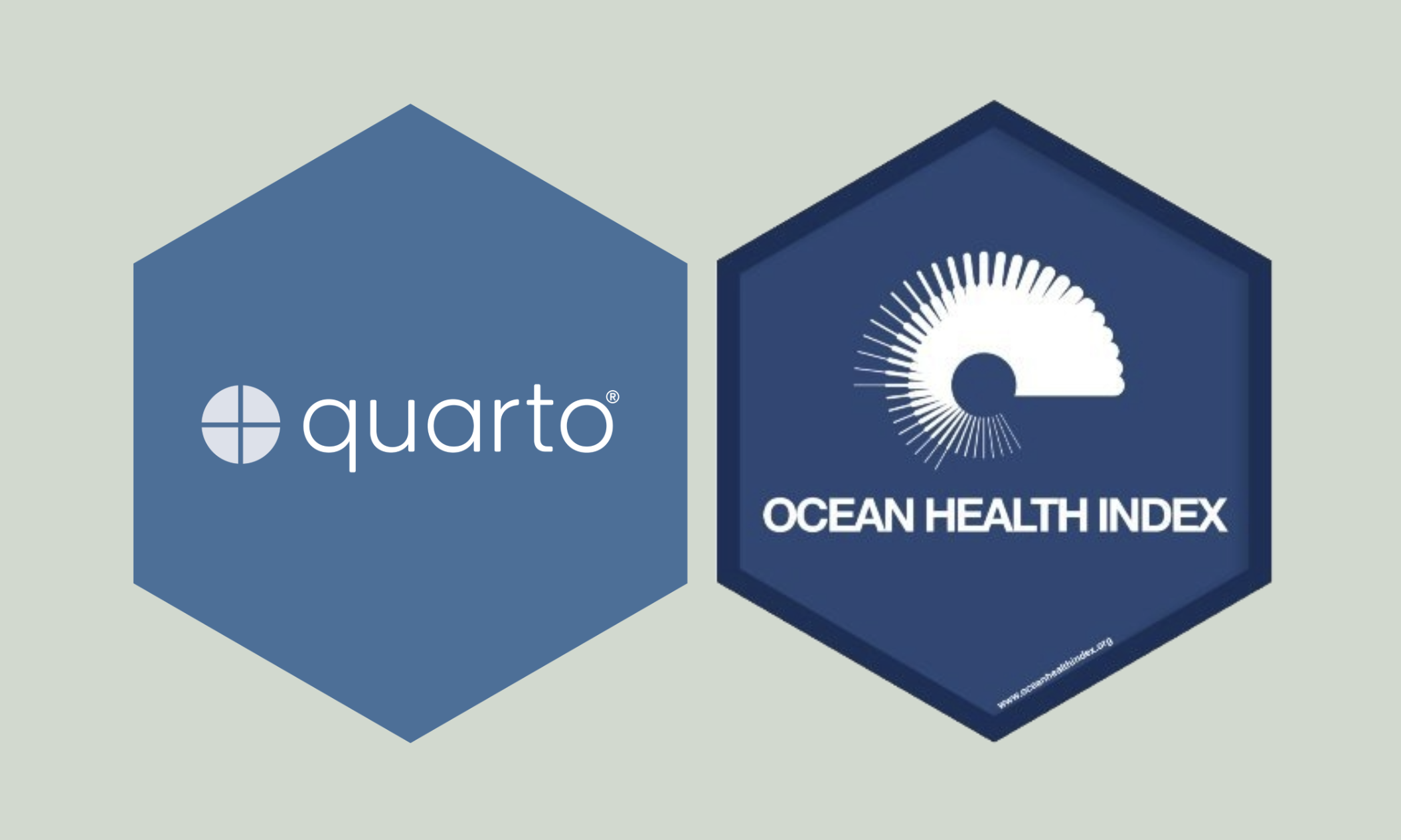 Two side-by-side hexagons. The leftmost hexagon is blue with the word, `quarto`, and the Quarto logo, which is a circle divided into equal quadrants. The rightmost hexagon is blue with the words, 'Ocean Health Index', and the OHI logo, which looks like the flower plots that are characteristic of OHI score reporting.